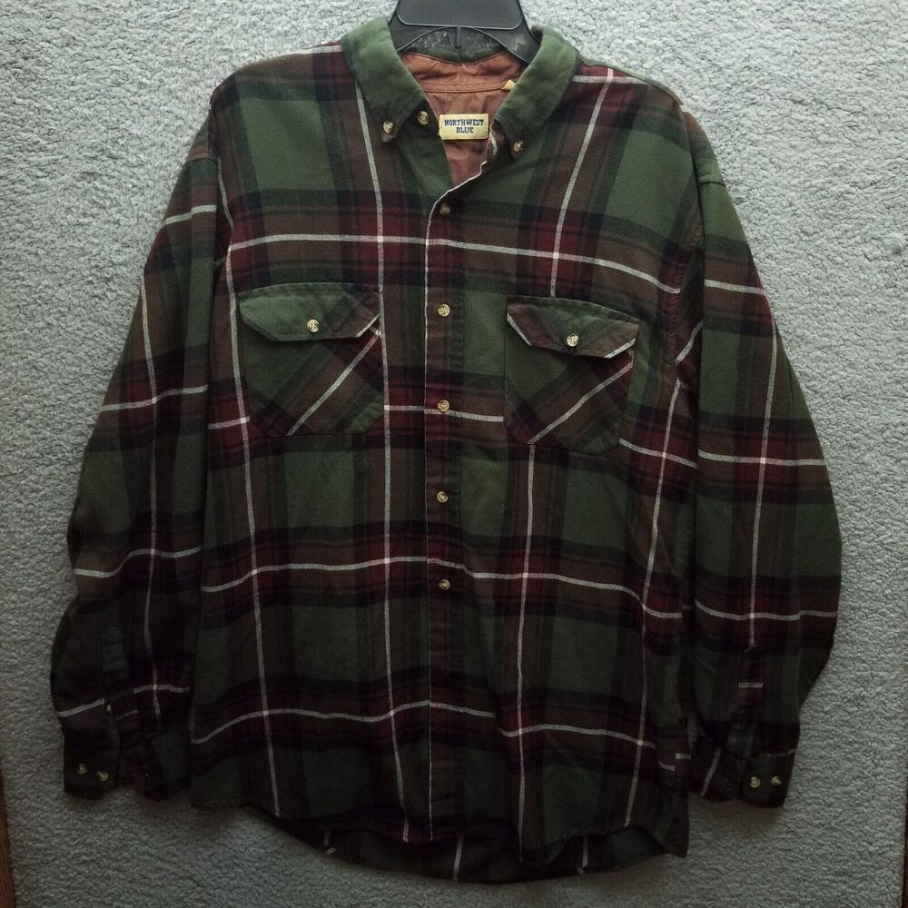 Northwest Blue L Flannel Plaid Multicolor Button-Down Shirt 53" 32.5" 25.75"